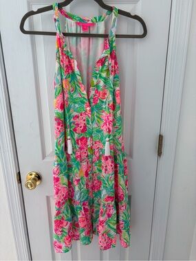 Lilly Pulitzer Pink and Green Floral Halter Carolane Dress in Pear Necessities
